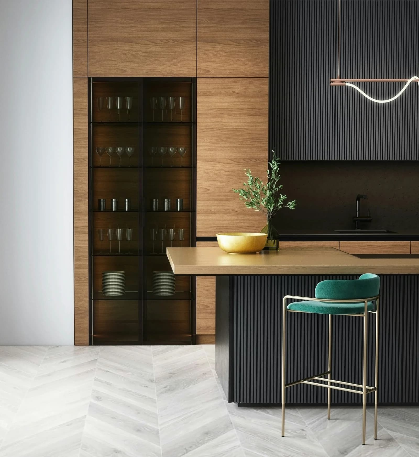 Modern kitchen island showing architectural finishes organised by an interior design specification tool.